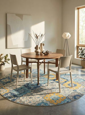 HomeRoots 8' Blue and Gray Round Floral Area Rug - Washable, Non-Skid, Perfect for Living Rooms & Bedrooms 524882