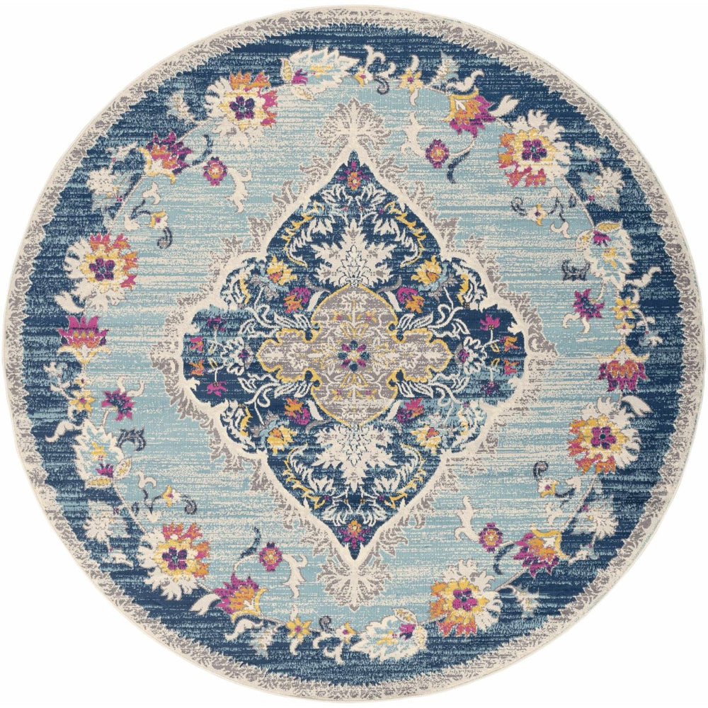 HomeRoots 8' Blue and Beige Oriental Area Rug - Washable, Non-Skid, Stylish Design for Living Spaces, Durable Quality 8' Round Round 524886