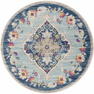 HomeRoots 8' Blue and Beige Oriental Area Rug - Washable, Non-Skid, Stylish Design for Living Spaces, Durable Quality 8' Round Round 524886