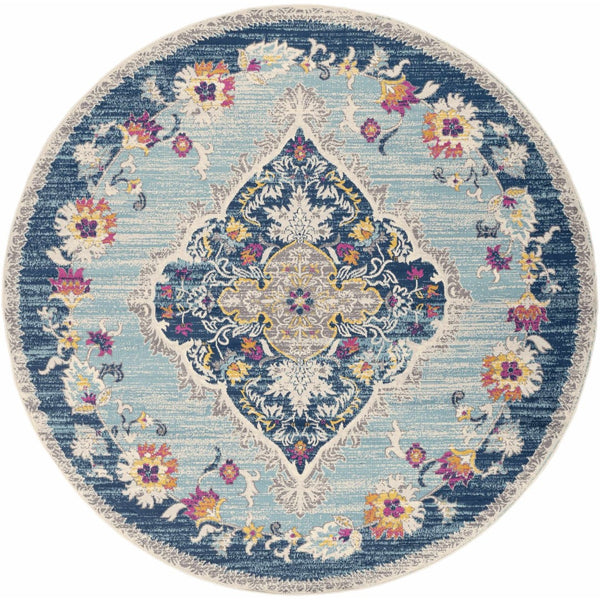HomeRoots 8' Blue and Beige Oriental Area Rug - Washable, Non-Skid, Stylish Design for Living Spaces, Durable Quality 8' Round Round 524886