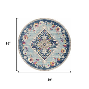 HomeRoots 8' Blue and Beige Oriental Area Rug - Washable, Non-Skid, Stylish Design for Living Spaces, Durable Quality 8' Round Round 524886
