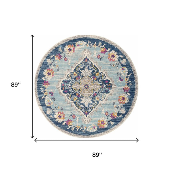 HomeRoots 8' Blue and Beige Oriental Area Rug - Washable, Non-Skid, Stylish Design for Living Spaces, Durable Quality 8' Round Round 524886
