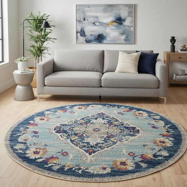 HomeRoots 8' Blue and Beige Oriental Area Rug - Washable, Non-Skid, Stylish Design for Living Spaces, Durable Quality 8' Round Round 524886