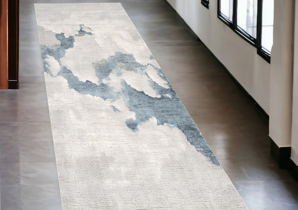 Homeroots 10' Runner Blue And Gray Abstract Washable Non Skid Area Rug  Polyester 524889