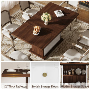 English Elm 63" Rectangular Matte Black Dining Table Pedestal Base with Shelves Seats Six White+Walnut T5618P448240
