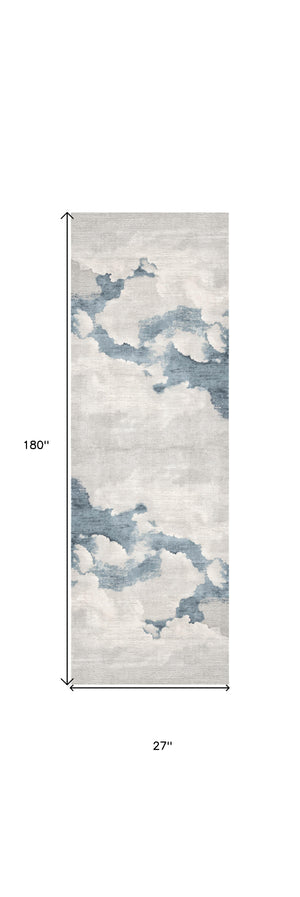 Homeroots 15' Runner Blue And Gray Abstract Washable Non Skid Area Rug  Polyester 524891