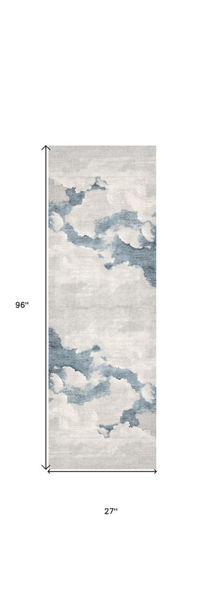 HomeRoots 10' Blue and Gray Abstract Washable Rug for Stylish Hallways, Durable Comfort, and Easy Maintenance 8' Runner 524893