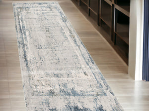 Homeroots 10' Runner Blue And Gray Abstract Washable Non Skid Area Rug  Polyester 524894