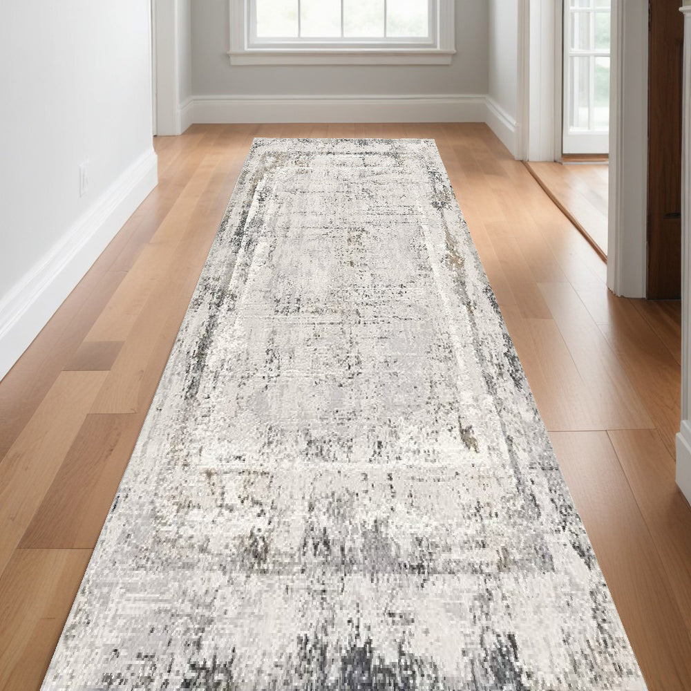 Homeroots 10' Gray And Ivory Abstract Distressed Runner Rug  Polyester 524899