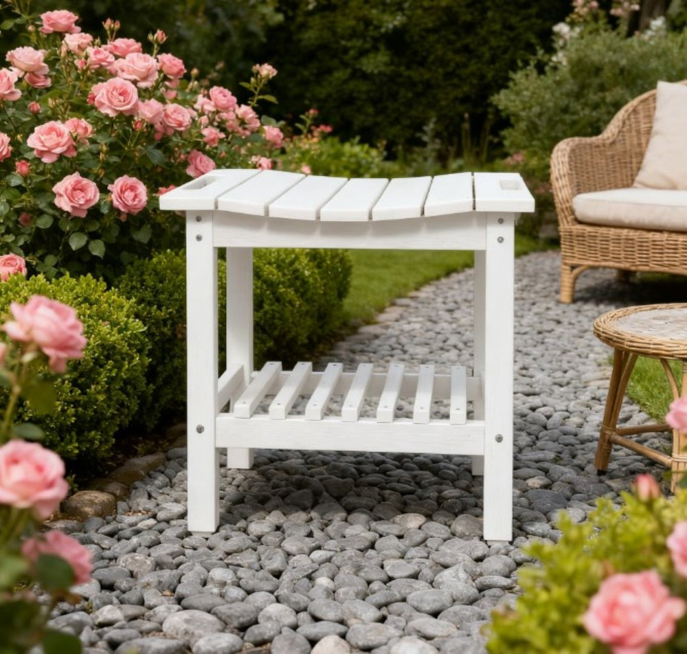 English Elm Shower Bench with Two Tier Storage Shelf Hdpe Wood Grain Finish for Bath or Poolside T3971P417395