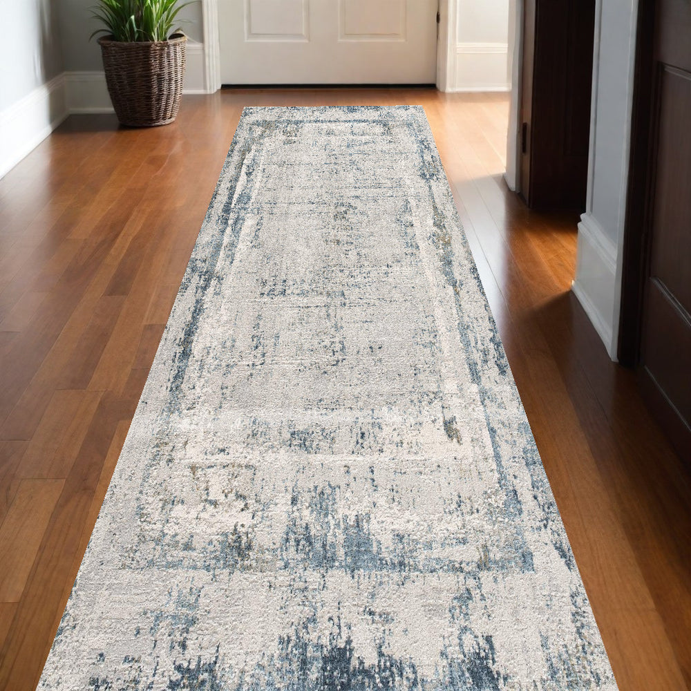 Homeroots 13' Gray And Ivory Abstract Distressed Runner Rug  Polyester 524900