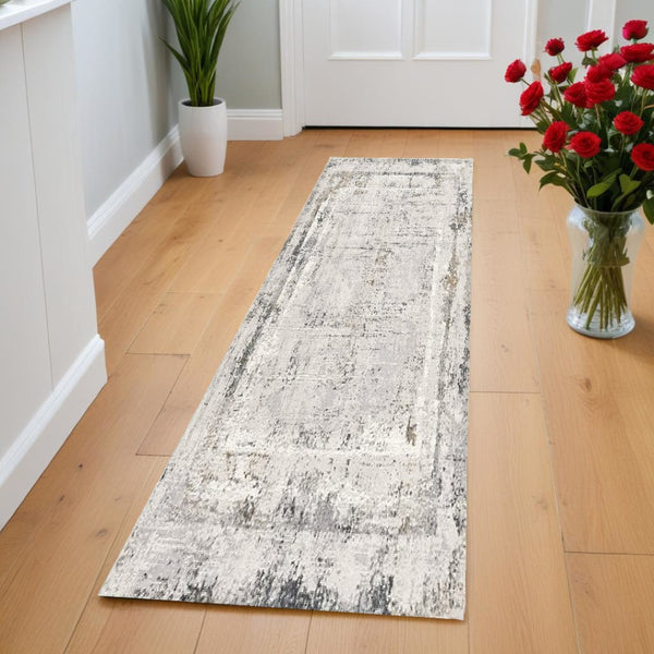 HomeRoots 8' Gray and Ivory Abstract Distressed Runner Rug – Stylish, Durable, and Perfect for High-Traffic Spaces! 524903