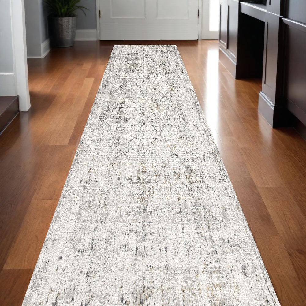 Homeroots 13' Gray And Ivory Damask Distressed Runner Rug  Polyester 524905