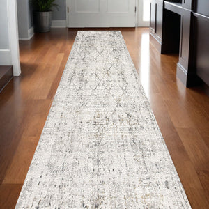 Homeroots 13' Gray And Ivory Damask Distressed Runner Rug  Polyester 524905