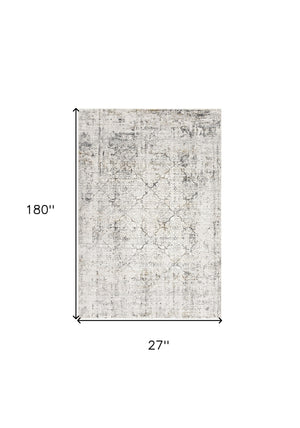 Homeroots 15' Gray And Ivory Damask Distressed Runner Rug  Polyester 524906