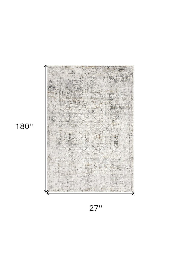 Homeroots 15' Gray And Ivory Damask Distressed Runner Rug  Polyester 524906