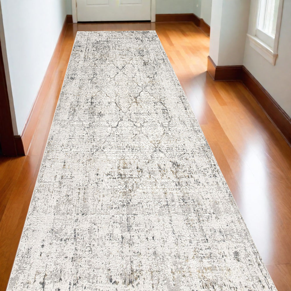 Homeroots 20' Gray And Ivory Damask Distressed Runner Rug  Polyester 524907