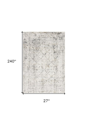 Homeroots 20' Gray And Ivory Damask Distressed Runner Rug  Polyester 524907