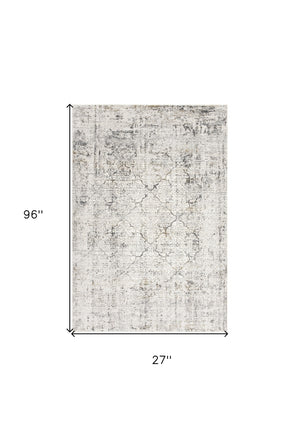 Homeroots 8' Runner Gray And Ivory Damask Washable Non Skid Area Rug  Polyester 524908