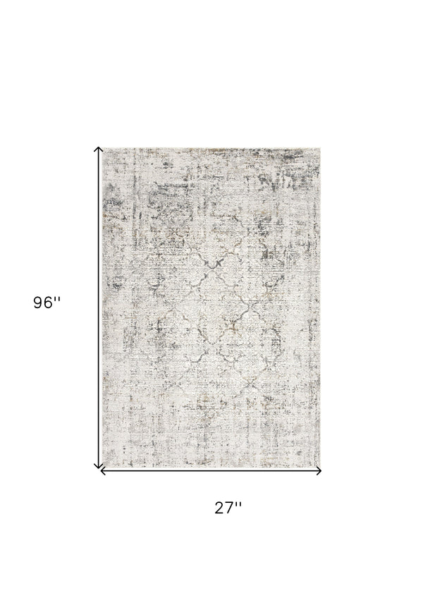 Homeroots 8' Runner Gray And Ivory Damask Washable Non Skid Area Rug  Polyester 524908