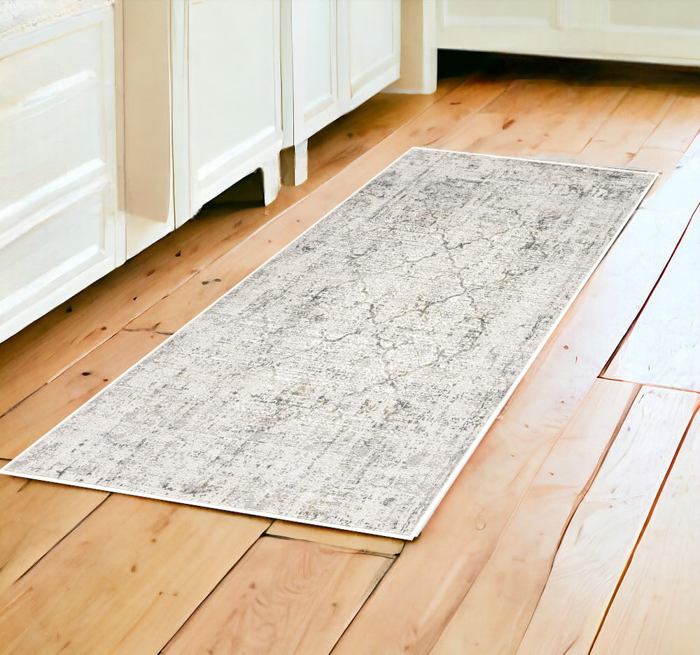 Homeroots 8' Runner Gray And Ivory Damask Washable Non Skid Area Rug  Polyester 524908