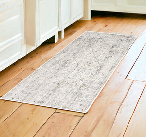 Homeroots 8' Runner Gray And Ivory Damask Washable Non Skid Area Rug  Polyester 524908