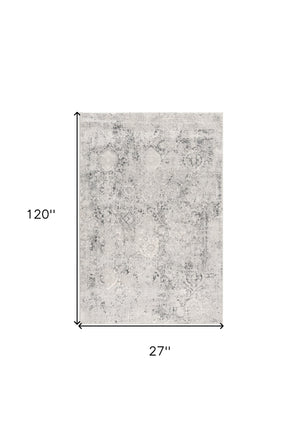 Homeroots 10' Gray And Ivory Oriental Distressed Runner Rug  Polyester 524909