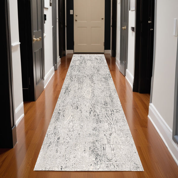 Homeroots 13' Gray And Ivory Oriental Distressed Runner Rug  Polyester 524910