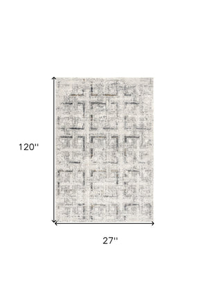 Homeroots 10' Ivory And Gray Geometric Distressed Runner Rug  Polyester 524914