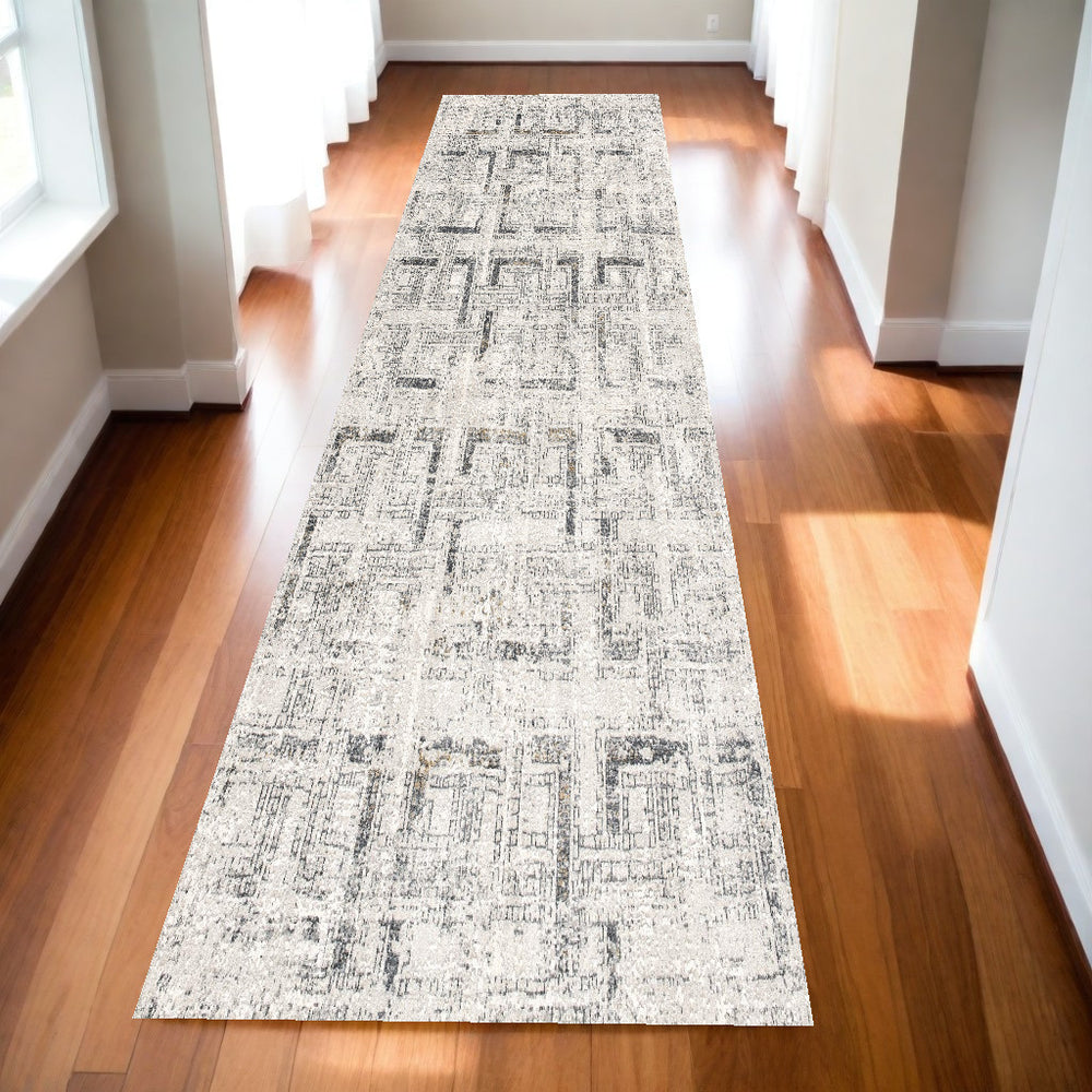 Homeroots 13' Ivory And Gray Geometric Distressed Runner Rug  Polyester 524915