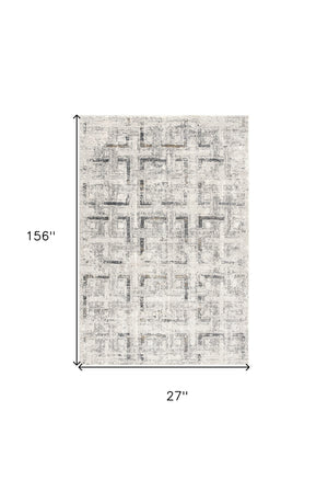 Homeroots 13' Ivory And Gray Geometric Distressed Runner Rug  Polyester 524915