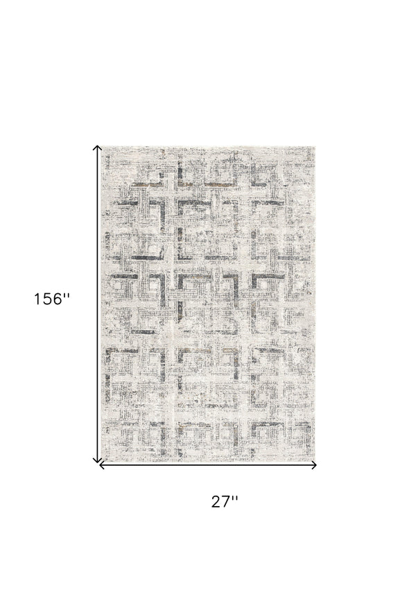 Homeroots 13' Ivory And Gray Geometric Distressed Runner Rug  Polyester 524915