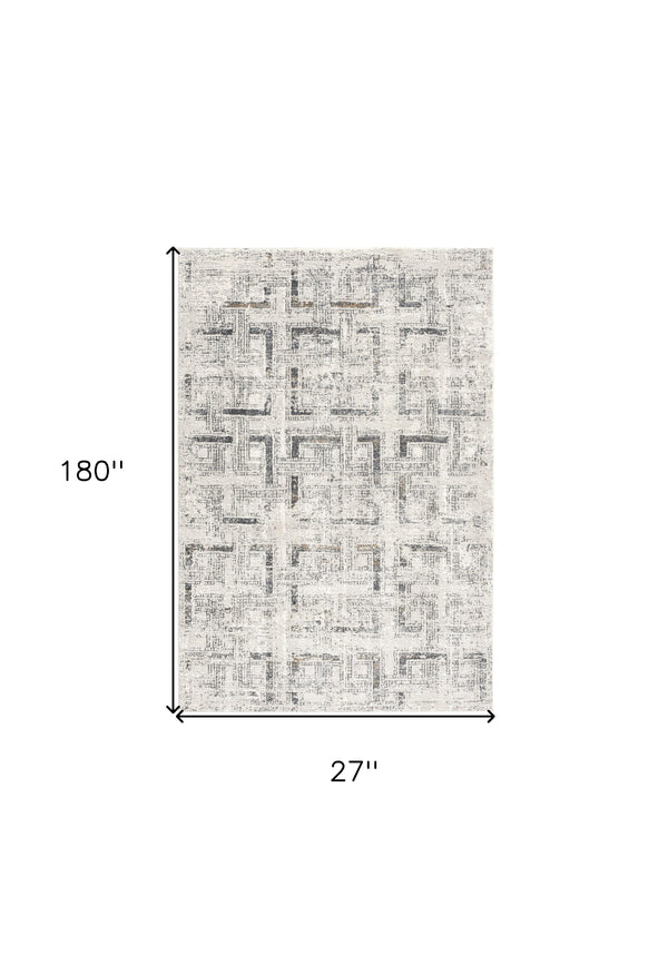 Homeroots 15' Ivory And Gray Geometric Distressed Runner Rug  Polyester 524916