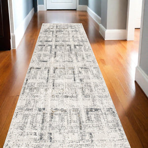 Homeroots 20' Ivory And Gray Geometric Distressed Runner Rug  Polyester 524917