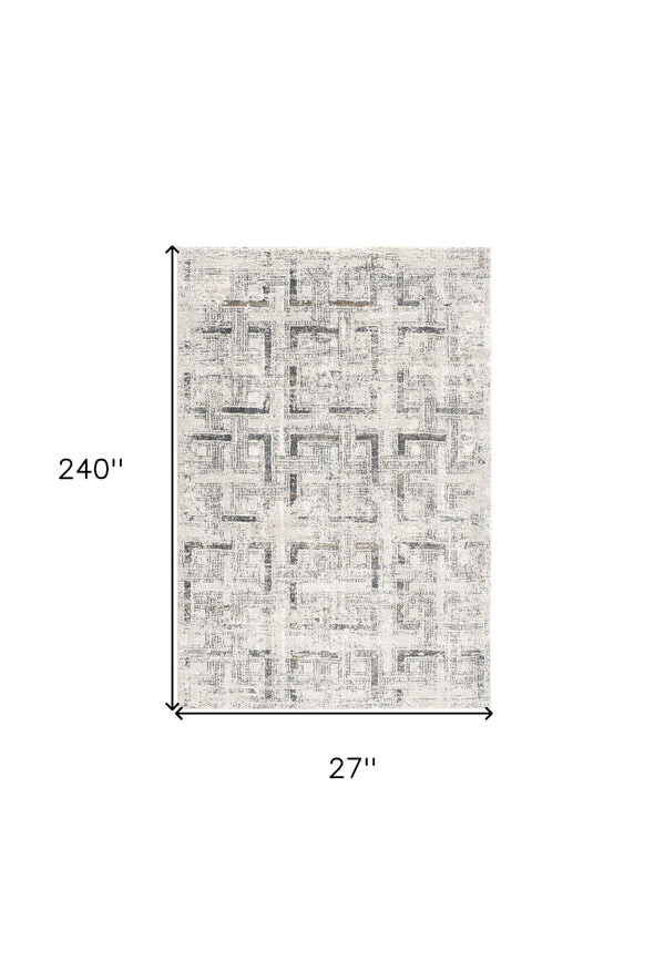 Homeroots 20' Ivory And Gray Geometric Distressed Runner Rug  Polyester 524917