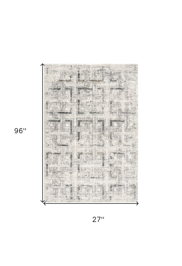 HomeRoots 8' Ivory and Gray Geometric Runner Rug – Stylish, Washable, Durable for Hallways & Narrow Spaces 524918