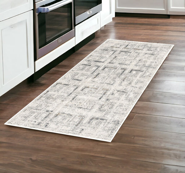 HomeRoots 8' Ivory and Gray Geometric Runner Rug – Stylish, Washable, Durable for Hallways & Narrow Spaces 524918