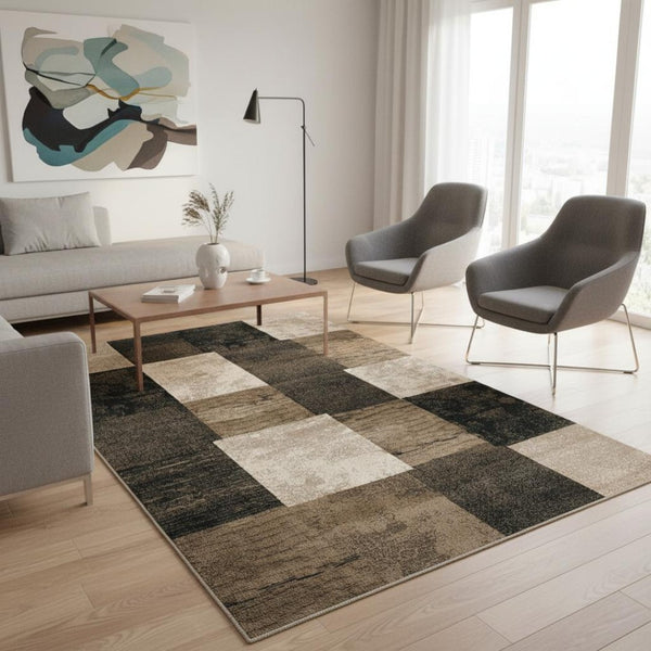 HomeRoots 7' Modern Geometric Area Rug in Brown, Black, and Tan - Washable, Plush, Durable for Cozy Spaces 524921