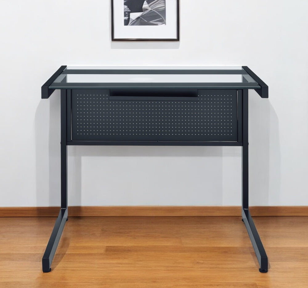 Homeroots 33" Stylish Clear And Black Glass Writing Desk With Stainless Steel Frame For Modern Home Offices   524927