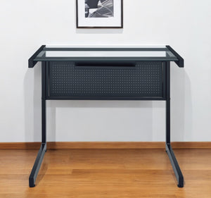 Homeroots 33" Stylish Clear And Black Glass Writing Desk With Stainless Steel Frame For Modern Home Offices   524927