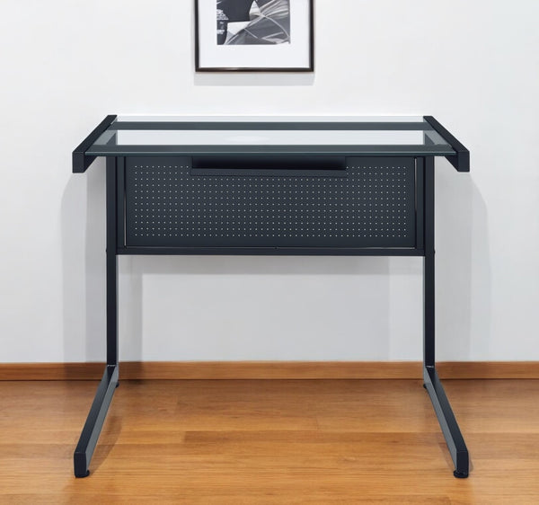 Homeroots 33" Stylish Clear And Black Glass Writing Desk With Stainless Steel Frame For Modern Home Offices   524927