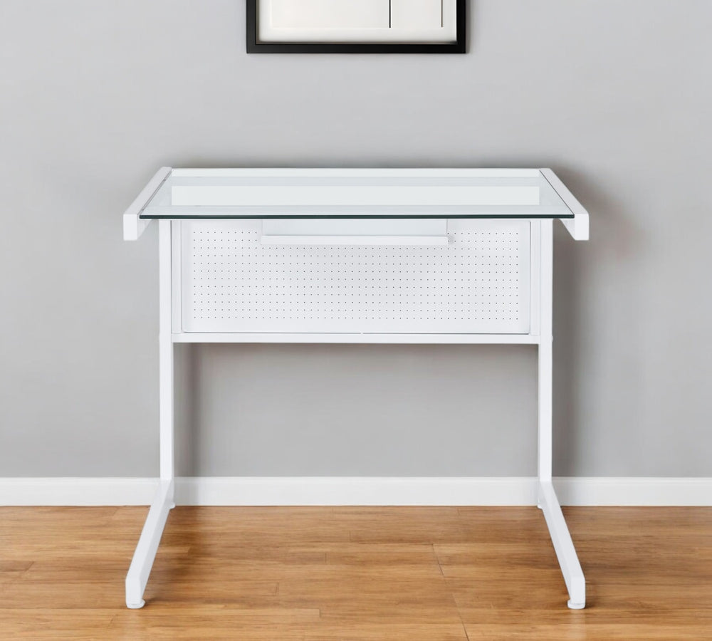 Homeroots 33" Clear And White Glass Stainless Steel Writing Desk - Stylish Home Office Accent For Comfort   524928