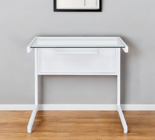 Homeroots 33" Clear And White Glass Stainless Steel Writing Desk - Stylish Home Office Accent For Comfort   524928