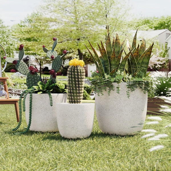 English Elm U_style Mgo Concrete Look Round Planters Set of 3 Lightweight Stackable Outdoor Pots White N711P406670A