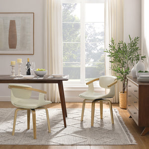 Homeroots Off White And Natural Upholstered Faux Leather Dining Arm Chair  Wood 524941