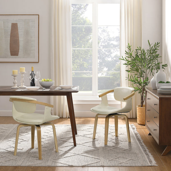 Homeroots Off White And Natural Upholstered Faux Leather Dining Arm Chair  Wood 524941