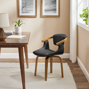 HomeRoots Gray Upholstered Faux Leather Arm Chair – Modern Swivel Dining Seating with Sturdy Wood Legs Black 524942