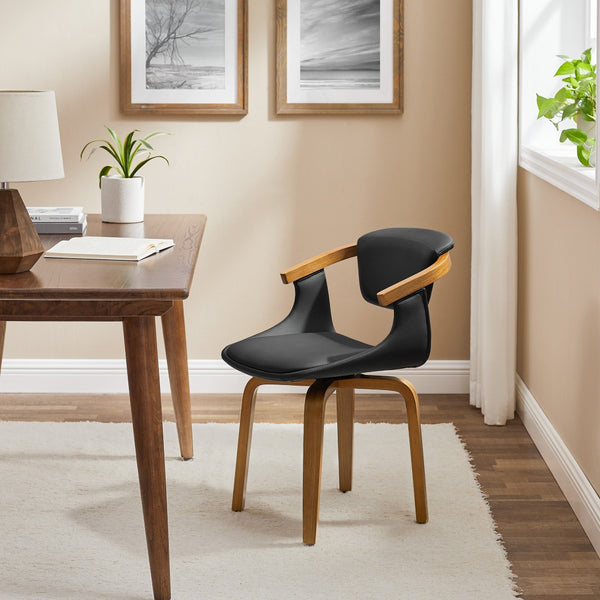 HomeRoots Gray Upholstered Faux Leather Arm Chair – Modern Swivel Dining Seating with Sturdy Wood Legs Black 524942