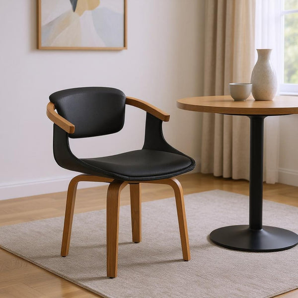 HomeRoots Gray Upholstered Faux Leather Arm Chair – Modern Swivel Dining Seating with Sturdy Wood Legs Black 524942