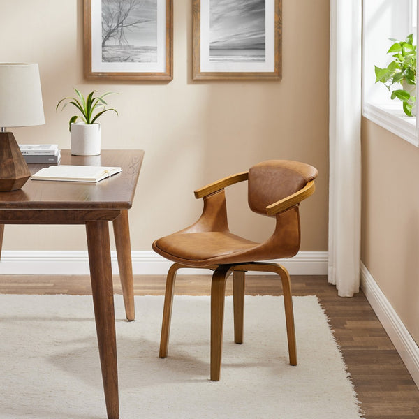 HomeRoots Gray Upholstered Faux Leather Arm Chair – Modern Swivel Dining Seating with Sturdy Wood Legs Brown 524943